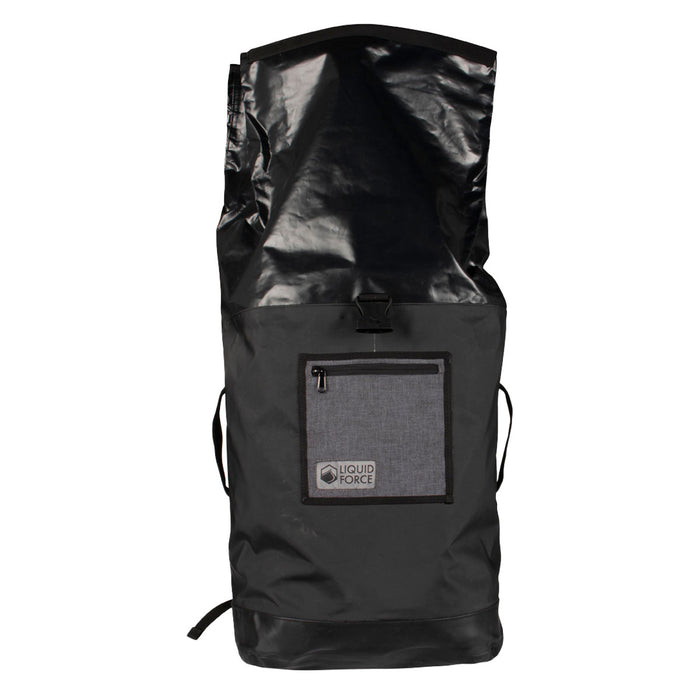 Black waterproof gear pack (60L-90L) with front pocket and Liquid Force logo.