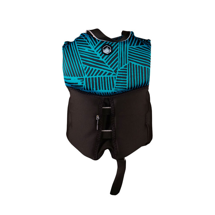 Rear view of Fury Child CGA jacket: black & blue geometric with a front zipper.