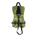 Fury Infant CGA vest front in neon yellow with black stripes, zipper, buckle, and leg strap.