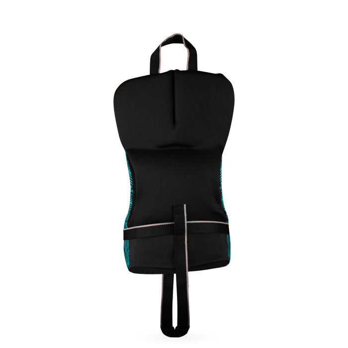 Rear view of Fury Infant CGA backpack looks like a black and teal life jacket with handle and straps.