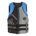 Front view of Hinge CGA life jacket in blue/gray with a front zipper and two clip straps.