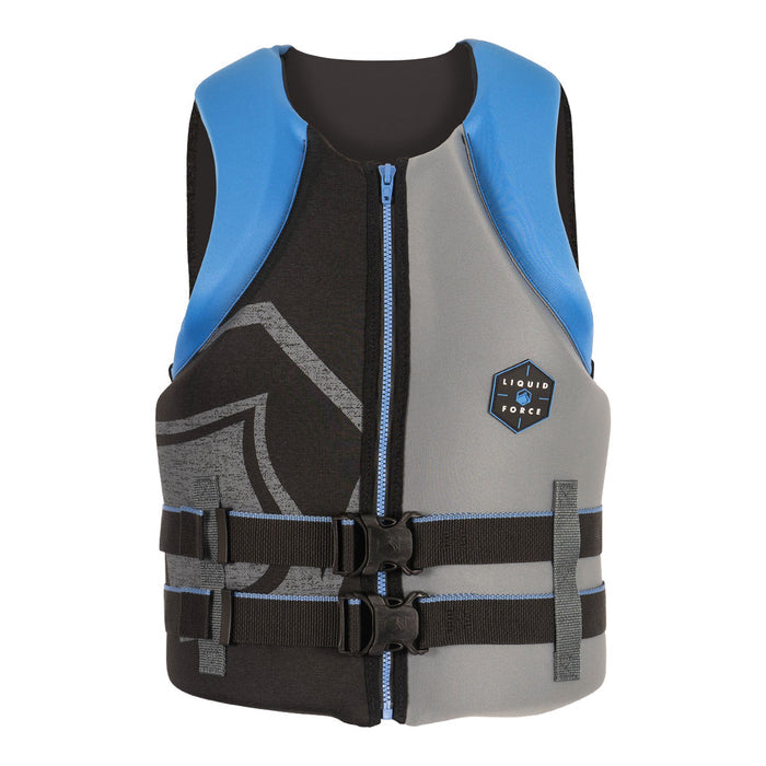 Front view of Hinge CGA life jacket in blue/gray with a front zipper and two clip straps.