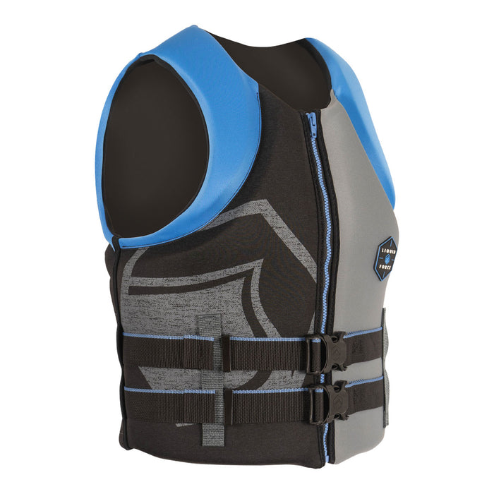 Front angled view of Hinge CGA life jacket, blue/gray with black straps & logo on the side.