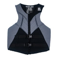 Front of Rush CGA life vest in gray and black with dual black buckles.