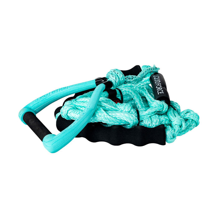 Surf 9 DLX Molded Rope and Handle Combo coiled turquoise rope with black foam grips. Turquoise end caps and black handle.