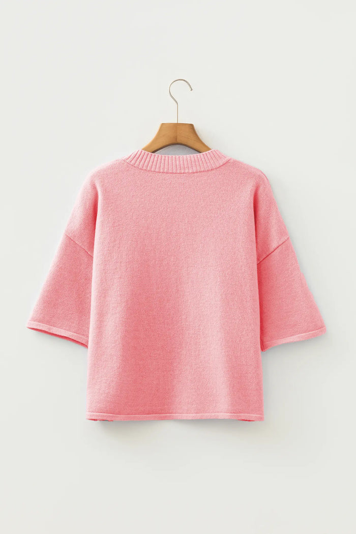 3/4 Sleeve Boxy Knit Button-Down Sweater Cardigan