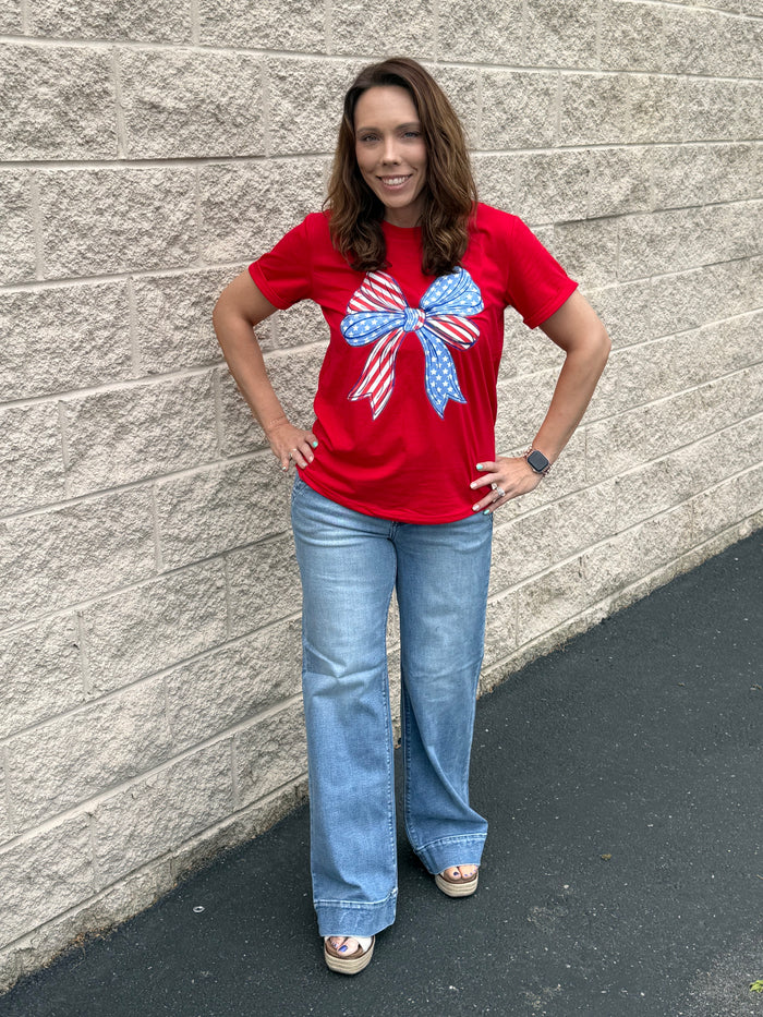 Patriotic American Flag Bow Graphic T-Shirt – Festive Red