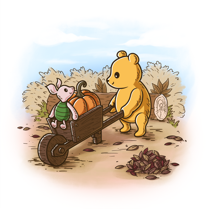 Men's Premium T-shirt_TeeTurtle white A Perfect Autumn Day Premium Cotton T-shirt featuring a bear pulling a wagon filled with pumpkins while a little mouse rides along, surrounded by autumn bushes, fallen leaves, and tree stumps on a crisp fall day.