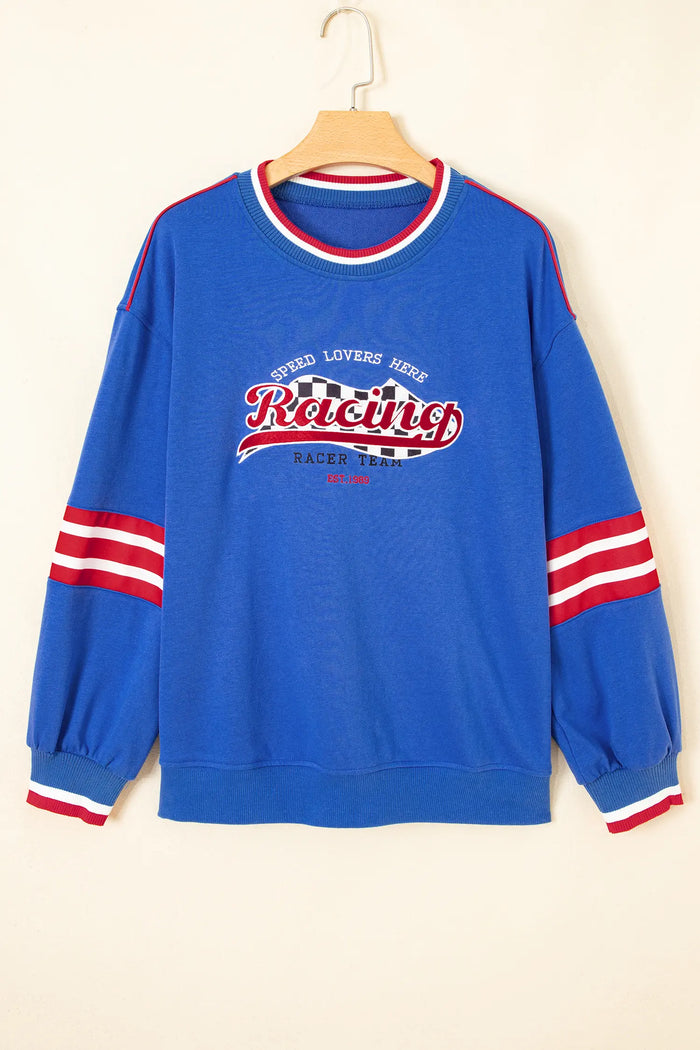 Abstract Racing Graphic Embroidered Patchwork Long Sleeve Sweatshirt – Sky Blue
