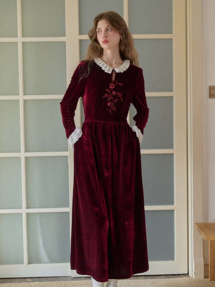 Aliana Round Neck Embroidery Velvet Dress