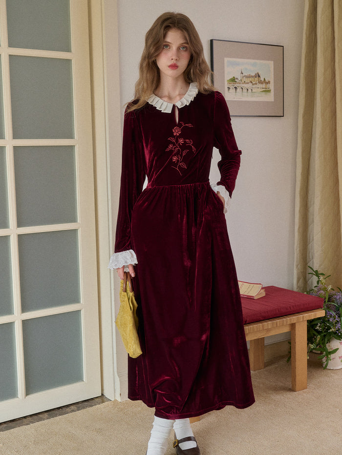 Aliana Round Neck Embroidery Velvet Dress