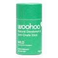 Woohoo Natural Deodorant & Anti-Chafe Stick in the Wild Lemon Myrtle & Eucalyptus scent, shown in its signature green cardboard container against a white background.