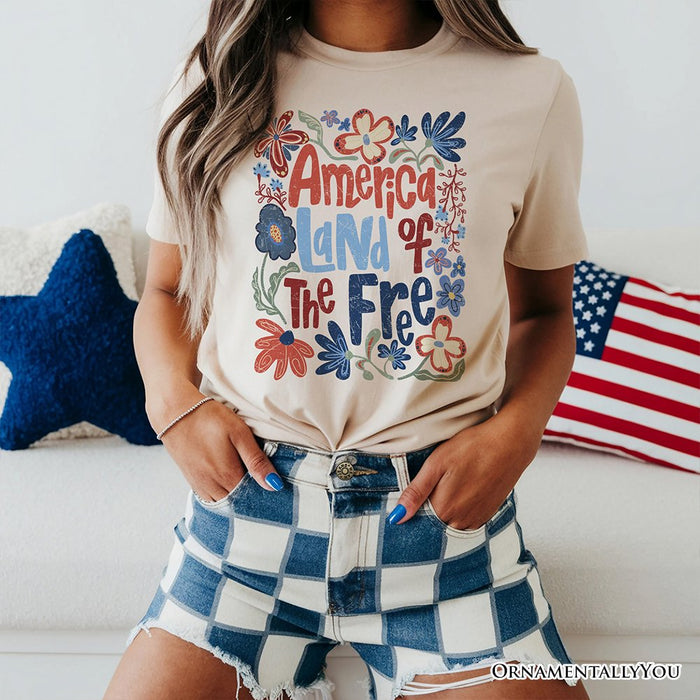 America Land of the Free T-Shirt, Retro Floral Independence Day Tee T-Shirts OrnamentallyYou