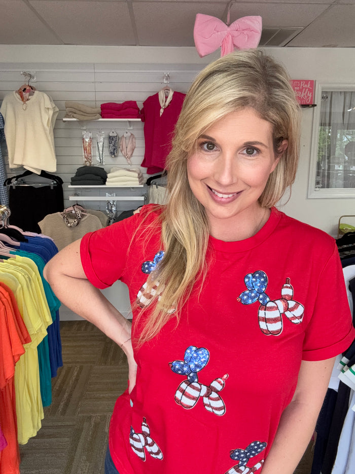 Americana Sequin Balloon Puppy Patriotic Graphic Tee