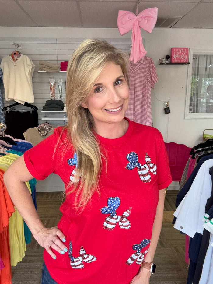 Americana Sequin Balloon Puppy Patriotic Graphic Tee