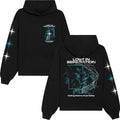 Lost In Separation black hoodie featuring "LOST IN SEPARATION" and "fading visions of paradise" text, abstract blue graphics and rectangular artwork on front and back, plus white and blue star-like sleeve designs.