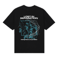 Lost In Separation black T-shirt featuring a blue-tinted angel and skeleton graphic, barbed wire wreath, “LOST IN SEPARATION” text, and fading visions of paradise on the front.