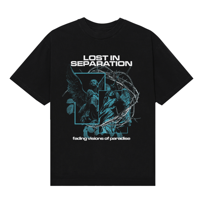 Lost In Separation black T-shirt featuring a blue-tinted angel and skeleton graphic, barbed wire wreath, “LOST IN SEPARATION” text, and fading visions of paradise on the front.