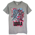 A Heather Grey Eidola T-shirt with a striking, intricate graphic of abstract blue, red, and black wings and shapes—evoking an epic Anime Fight—and “EIDOLA” in bold black letters across the bottom.
