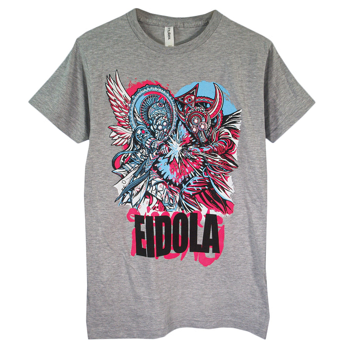 A Heather Grey Eidola T-shirt with a striking, intricate graphic of abstract blue, red, and black wings and shapes—evoking an epic Anime Fight—and “EIDOLA” in bold black letters across the bottom.
