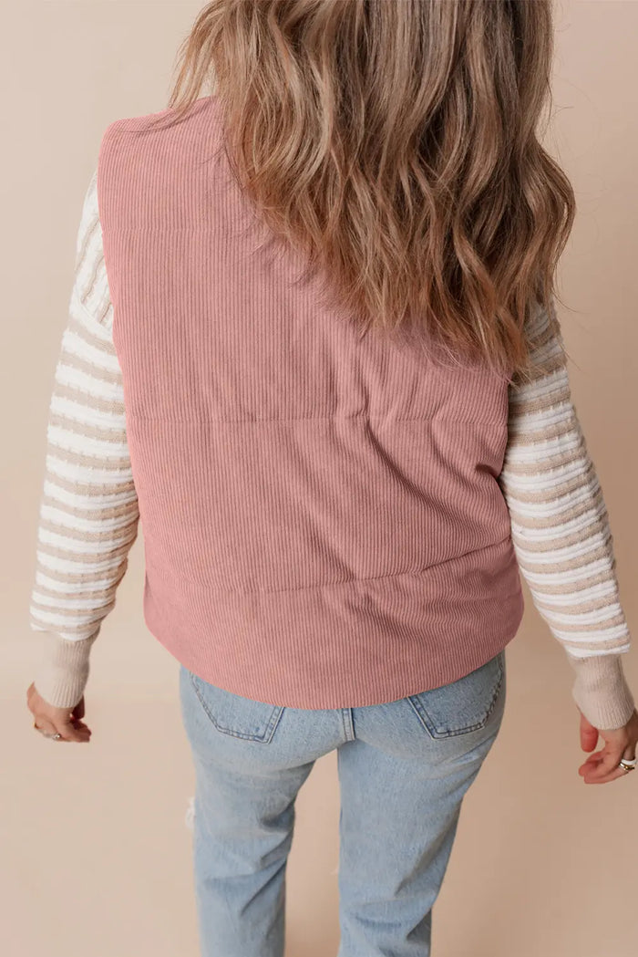 Apricot Pink Corduroy Stand Neck Zipped Puffer Vest – Light Pink