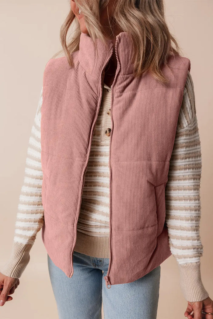 Apricot Pink Corduroy Stand Neck Zipped Puffer Vest – Light Pink
