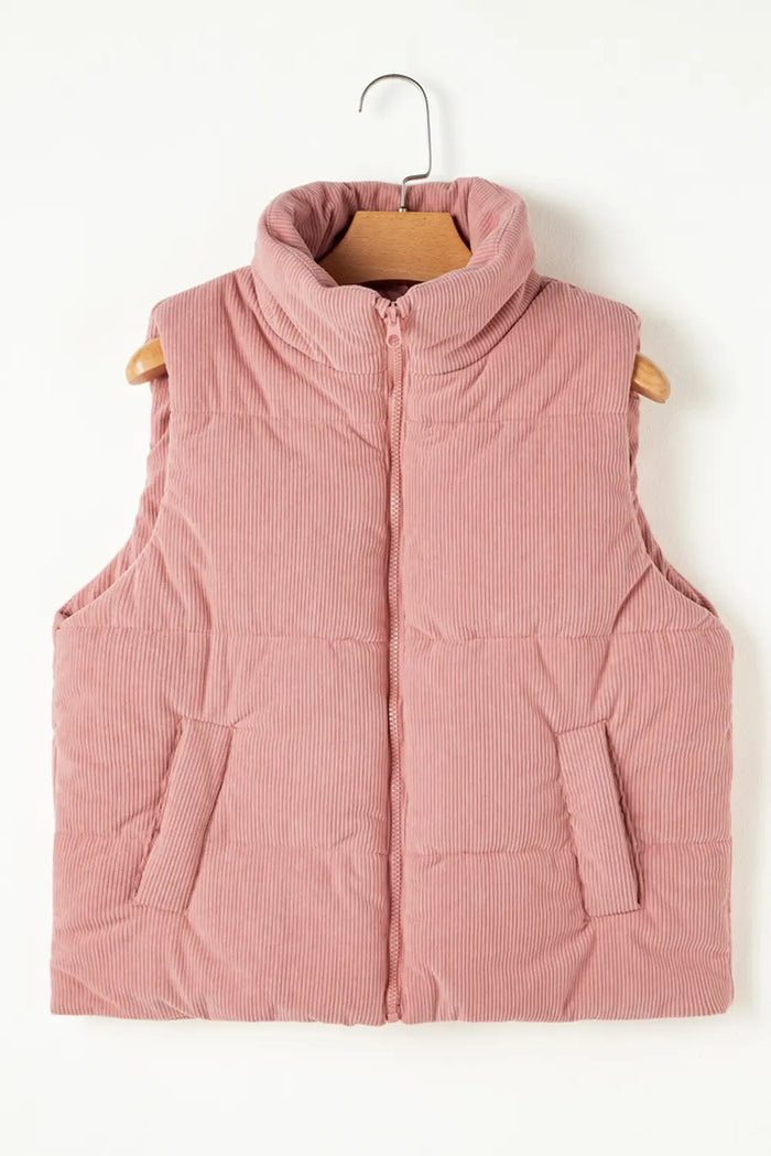 Apricot Pink Corduroy Stand Neck Zipped Puffer Vest – Light Pink