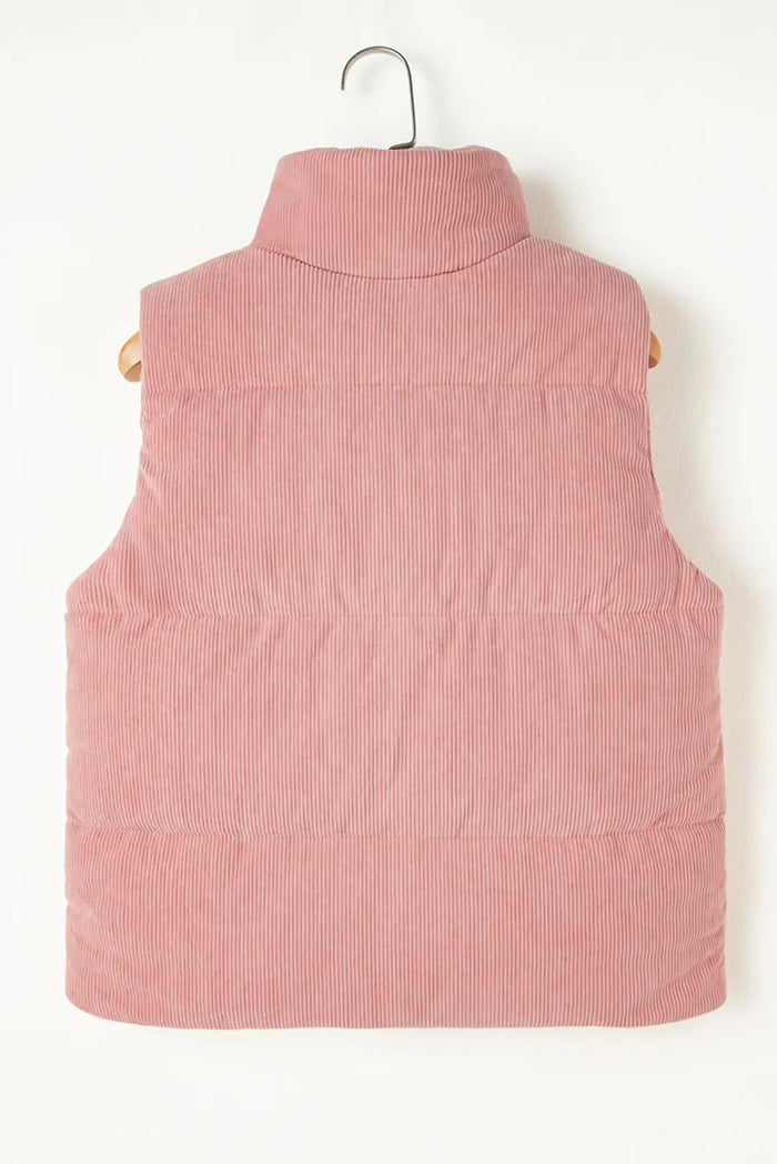 Apricot Pink Corduroy Stand Neck Zipped Puffer Vest – Light Pink