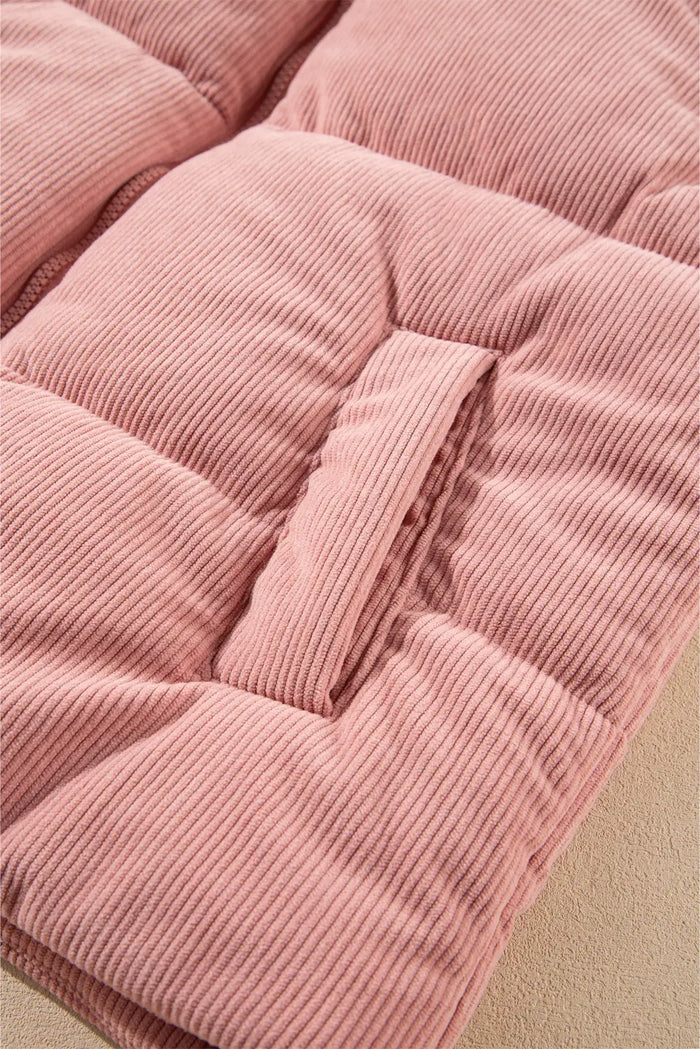 Apricot Pink Corduroy Stand Neck Zipped Puffer Vest – Light Pink