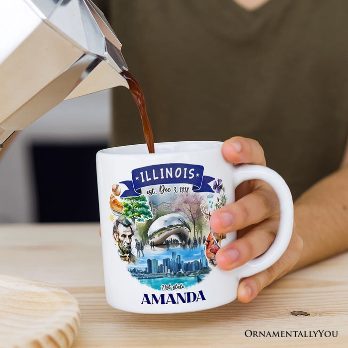 Artistic Illinois State Themes and Landmarks Personalized Mug With Custom Name Personalized Ceramic Mug OrnamentallyYou