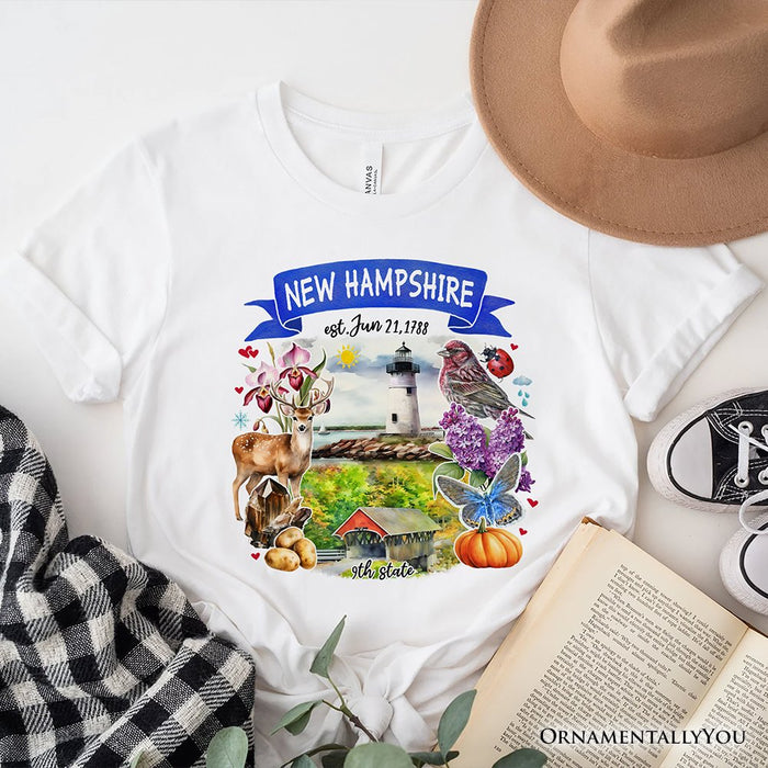 Artistic New Hampshire State Themes and Landmarks T-Shirt, Tee for History and Travel Lovers T-Shirts OrnamentallyYou White XS