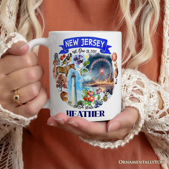 Artistic New Jersey State Themes and Landmarks Personalized Mug With Custom Name Personalized Ceramic Mug OrnamentallyYou