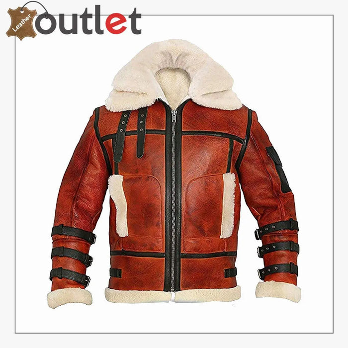 Aviator Sheepskin RAF Mens B3 Bomber Leather Jacket in brown real sheepskin with cream shearling collar, front view