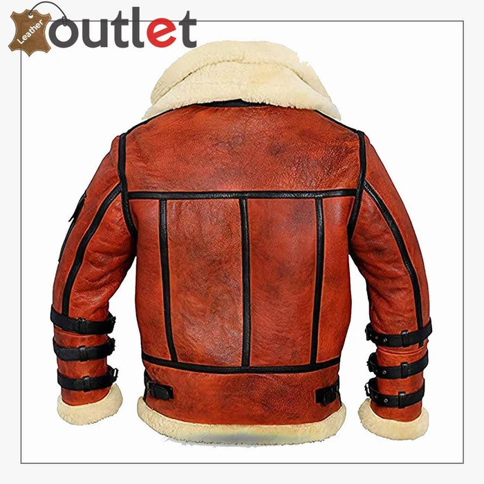 Back and side view of the brown B3 bomber leather jacket showing shearling lining, waist belts and metal zip