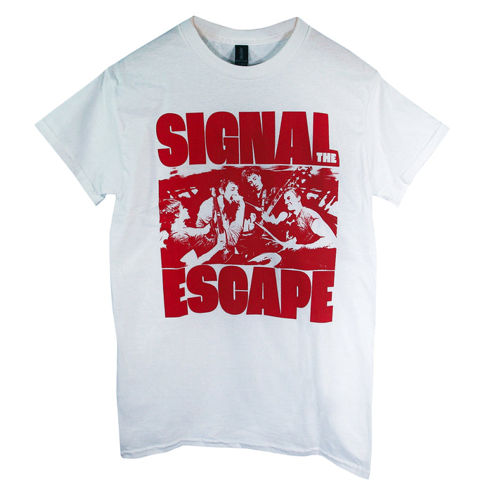 Signal The Escape band tee: features bold red “SIGNAL THE ESCAPE” text and a striking central photo of the four-member band, surrounded by the text.