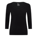 A black three-quarter sleeve top with a wide scoop neckline, shown flat against a plain white background. The brand name 'Boody' is printed in white on the inside of the collar.