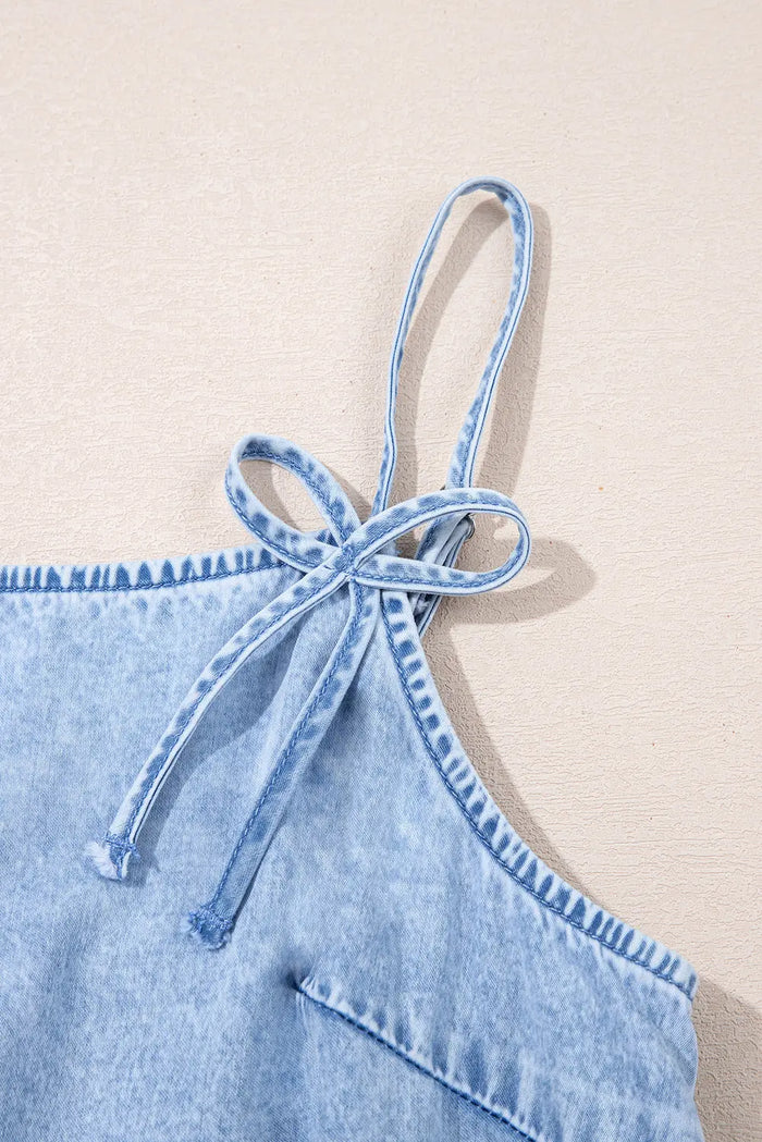 Beau Blue Bow Detail Spaghetti Straps Ruffle Hem Denim Short Dress - Dresses/Mini Dresses