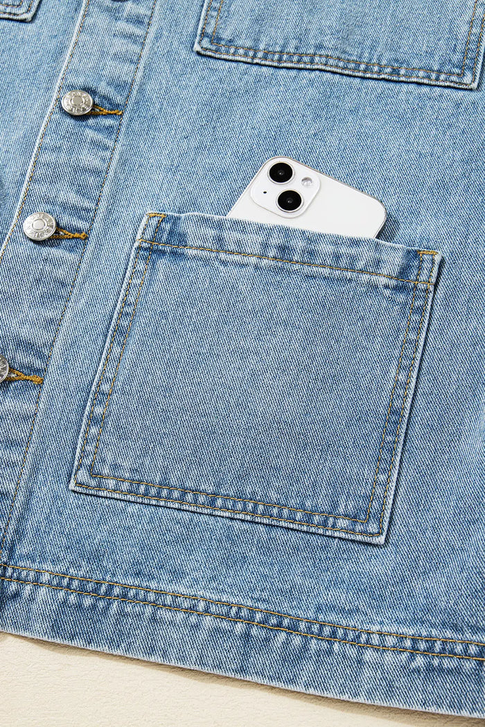 Beau Blue Multi Patched Pockets Side Tie up Boyfriend Style Denim Jacket - Outerwear/Denim jackets