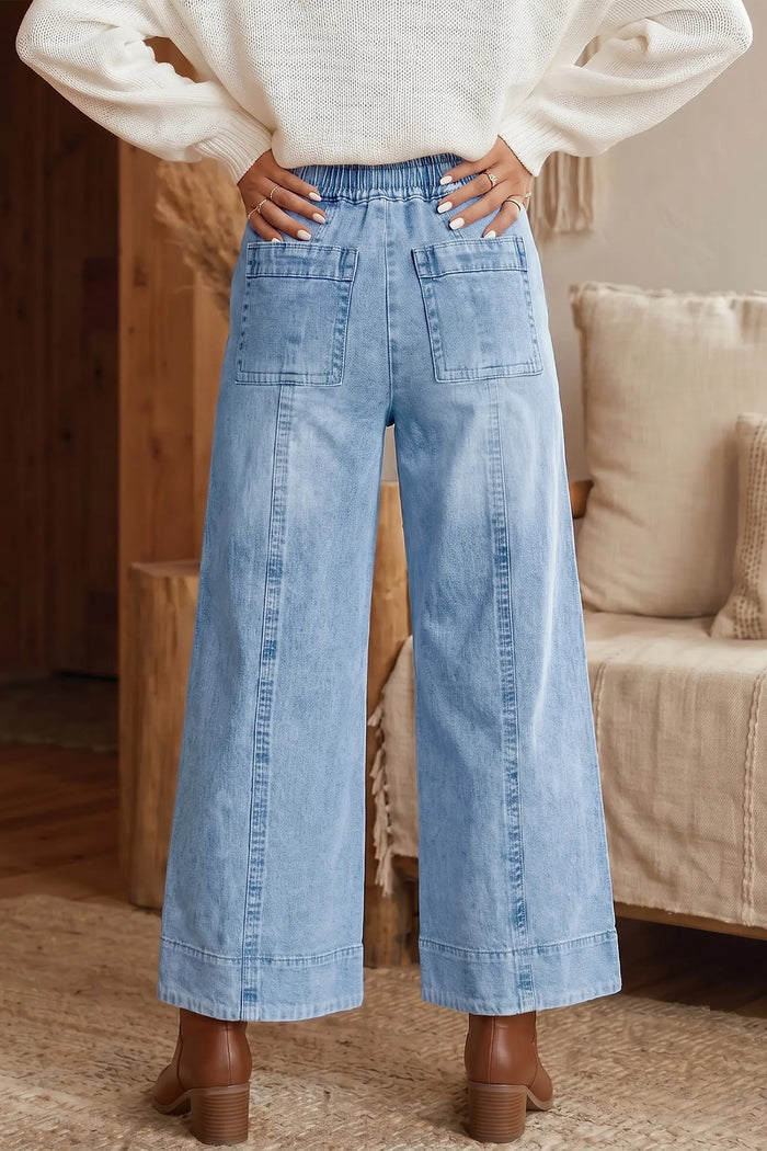 Beau Drawstring Waist Wide Leg Ankle Length Jeans – Blue