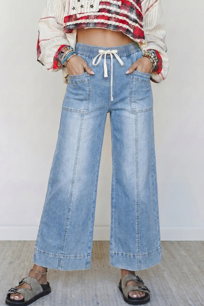 Beau Drawstring Waist Wide Leg Ankle Length Jeans – Blue