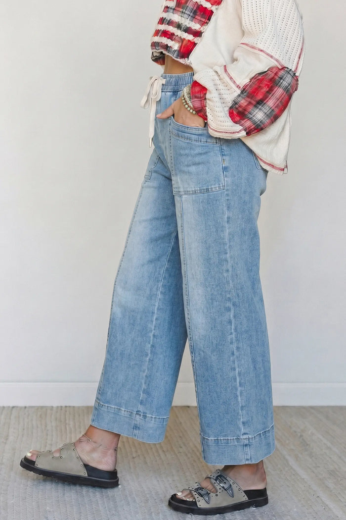 Beau Drawstring Waist Wide Leg Ankle Length Jeans – Blue