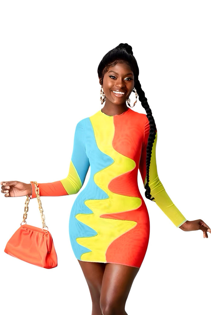Been It - Color Block Stretch Long Sleeve Mesh Dress
