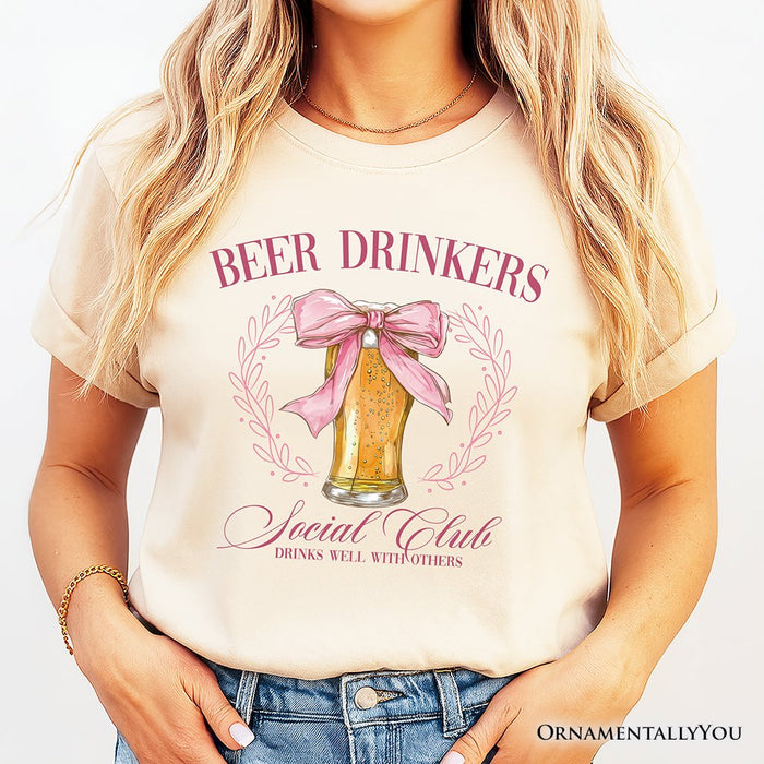 Beer Drinkers Social Club T-Shirt, Coquette Pink Bow Tee for Girly Summer Bachelorette Vibes T-Shirts OrnamentallyYou