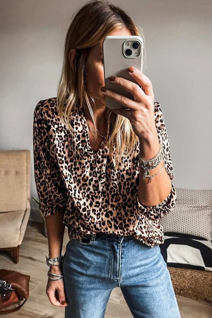 Beige Leopard V Neck Half Sleeve Blouse - Tops/Blouses & Shirts