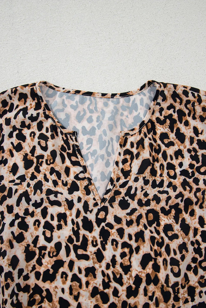 Beige Leopard V Neck Half Sleeve Blouse - Tops/Blouses & Shirts