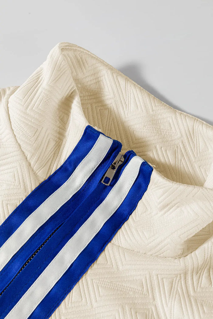 Beige Preppy Striped Trim Textured Quarter Zipper Colourblock Short Sleeve Top - Tops/Blouses & Shirts