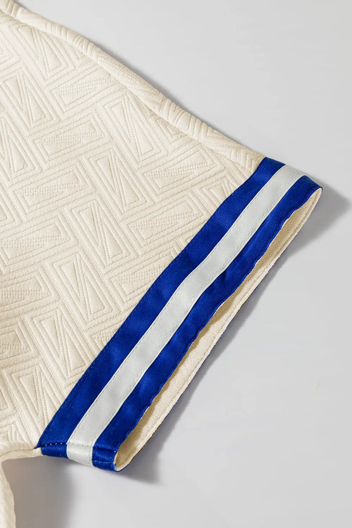 Beige Preppy Striped Trim Textured Quarter Zipper Colourblock Short Sleeve Top - Tops/Blouses & Shirts