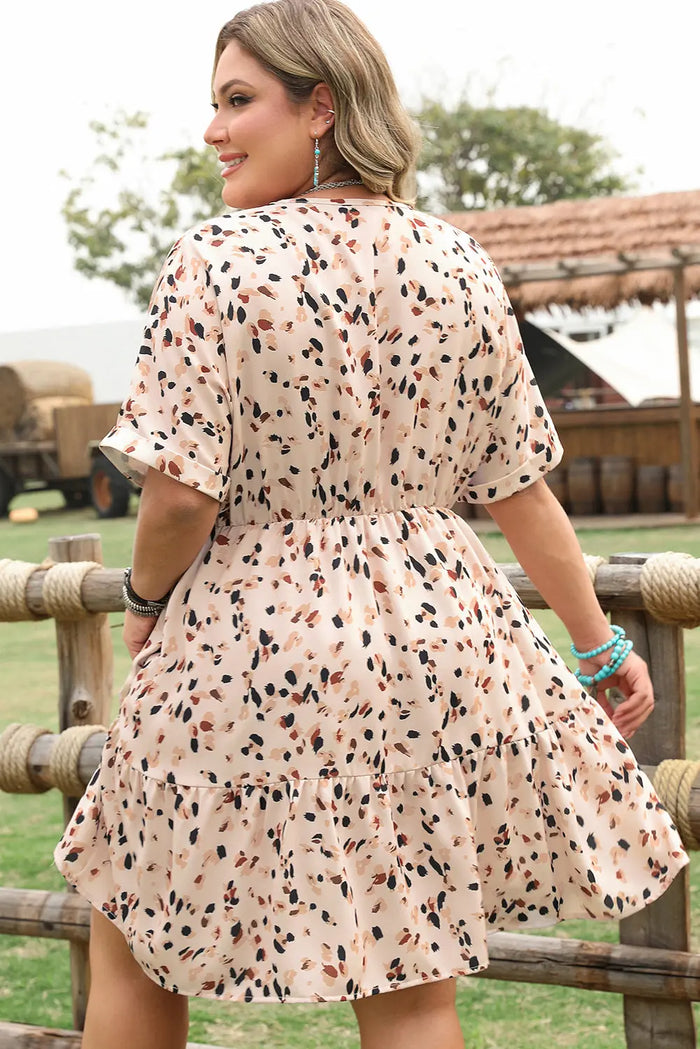 Beige Printed Surplice V Neck Cuffed Sleeve Empire Waist Plus Size Dress - Size/Plus Dresses/Plus Mini Dresses