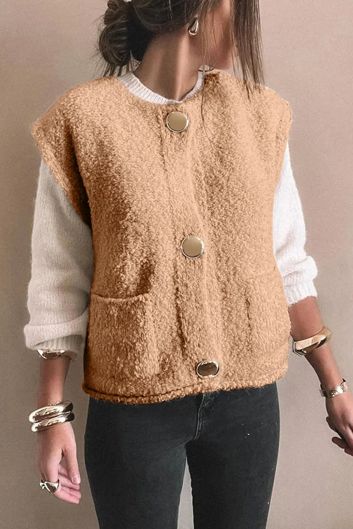 Big Button Accent Fuzzy Pocket Vest – Light French Beige