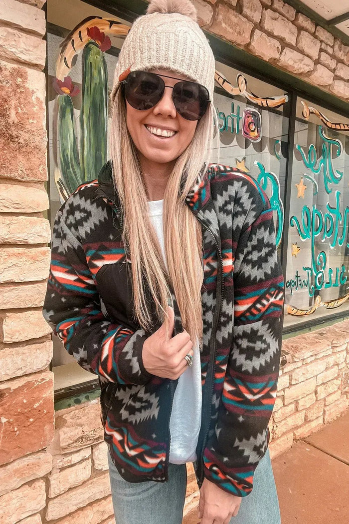 Shop Black Aztec Printed Zip Up Collar Jacket at eAura